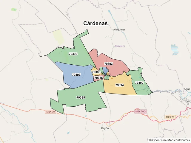 Mapa de códigos postales de Cárdenas, San Luis Potosí
