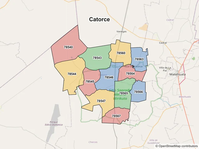 Mapa de códigos postales de Catorce, San Luis Potosí