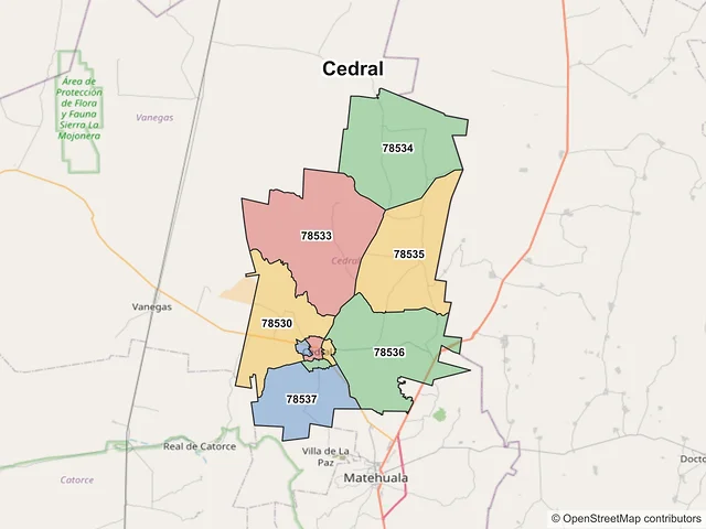 Mapa de códigos postales de Cedral, San Luis Potosí