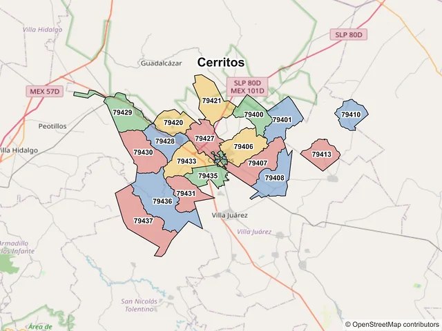 Mapa de códigos postales de Cerritos, San Luis Potosí