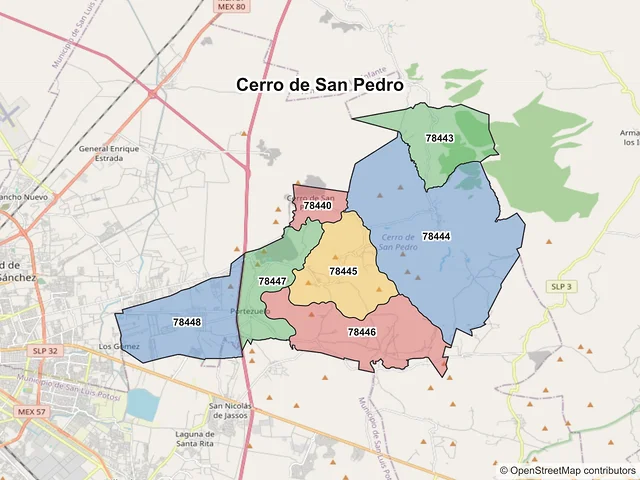 Mapa de códigos postales de Cerro de San Pedro, San Luis Potosí