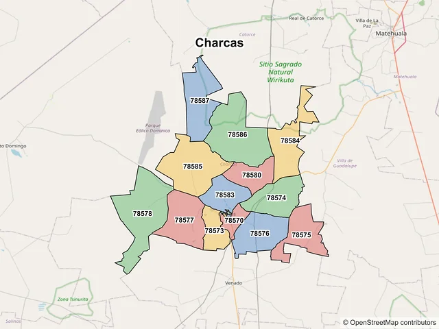 Mapa de códigos postales de Charcas, San Luis Potosí