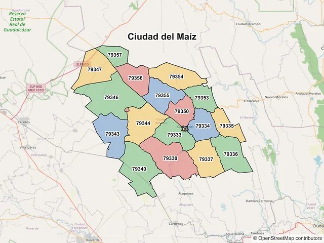 Mapa de códigos postales de Ciudad del Maíz, San Luis Potosí