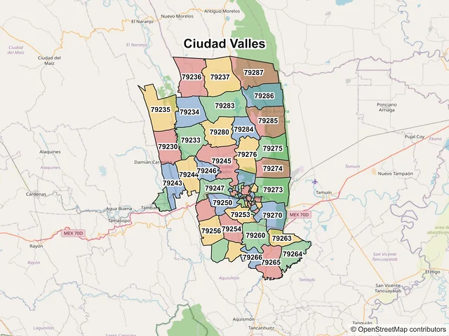 Mapa de códigos postales de Ciudad Valles, San Luis Potosí