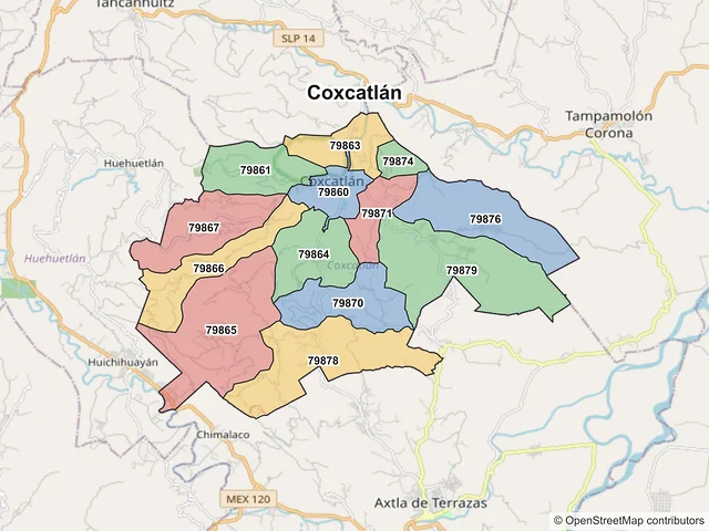 Mapa de códigos postales de Coxcatlán, San Luis Potosí