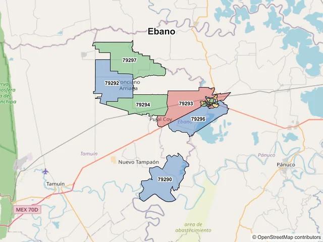 Mapa de códigos postales de Ebano, San Luis Potosí