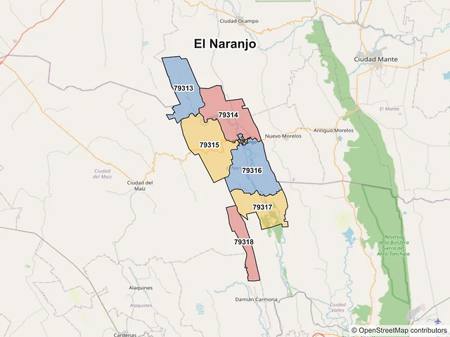 Mapa de códigos postales de El Naranjo, San Luis Potosí