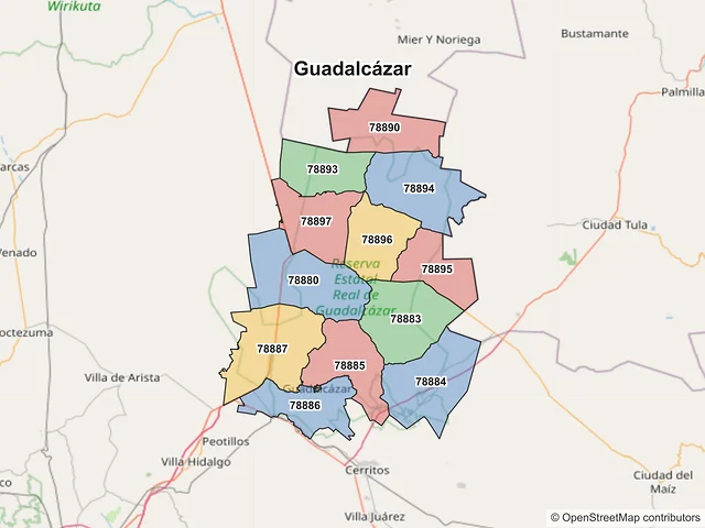 Mapa de códigos postales de Guadalcázar, San Luis Potosí