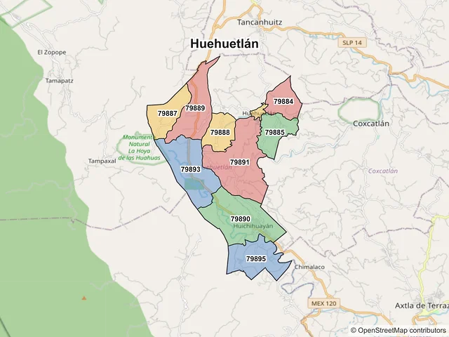 Mapa de códigos postales de Huehuetlán, San Luis Potosí