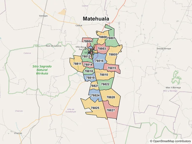 Mapa de códigos postales de Matehuala, San Luis Potosí