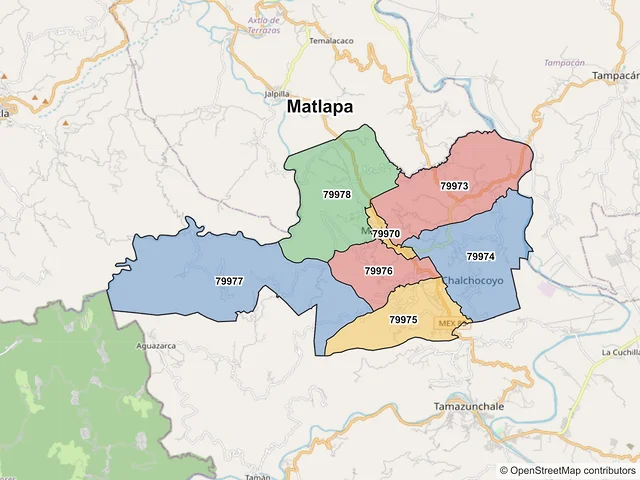 Mapa de códigos postales de Matlapa, San Luis Potosí