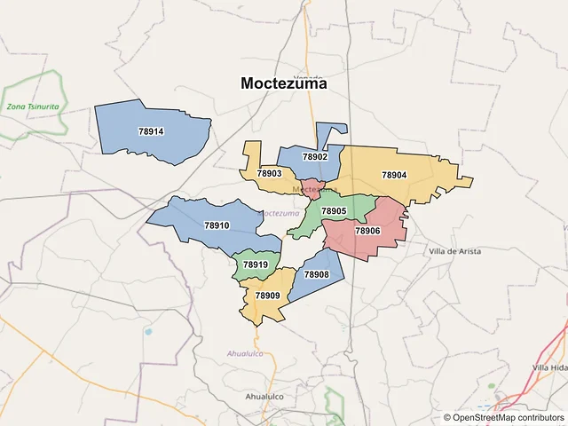 Mapa de códigos postales de Moctezuma, San Luis Potosí