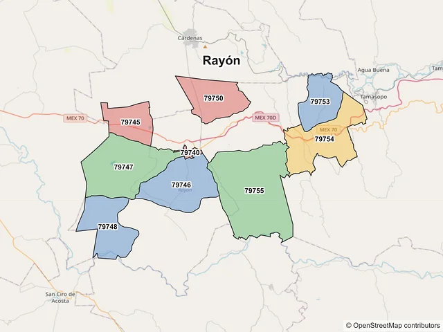 Mapa de códigos postales de Rayón, San Luis Potosí