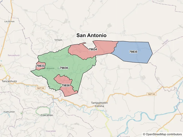 Mapa de códigos postales de San Antonio, San Luis Potosí