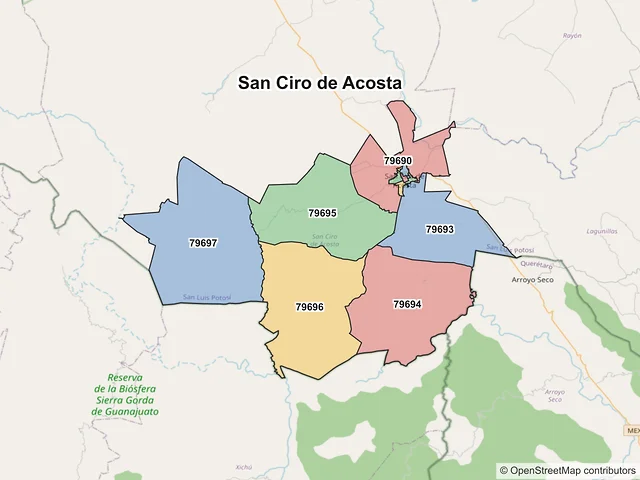 Mapa de códigos postales de San Ciro de Acosta, San Luis Potosí