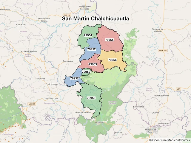 Mapa de códigos postales de San Martín Chalchicuautla, San Luis Potosí