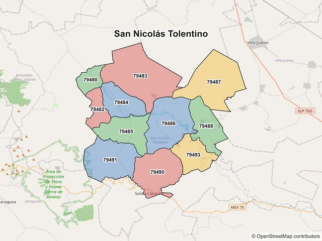 Mapa de códigos postales de San Nicolás Tolentino, San Luis Potosí