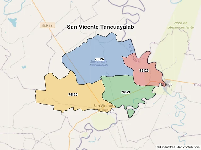 Mapa de códigos postales de San Vicente Tancuayalab, San Luis Potosí