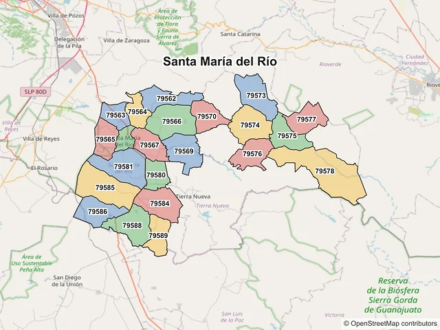 Mapa de códigos postales de Santa María del Río, San Luis Potosí