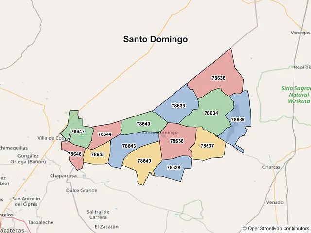 Mapa de códigos postales de Santo Domingo, San Luis Potosí