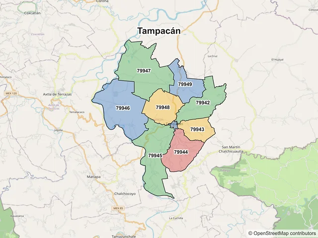 Mapa de códigos postales de Tampacán, San Luis Potosí