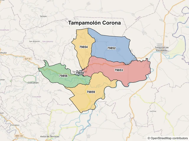 Mapa de códigos postales de Tampamolón Corona, San Luis Potosí
