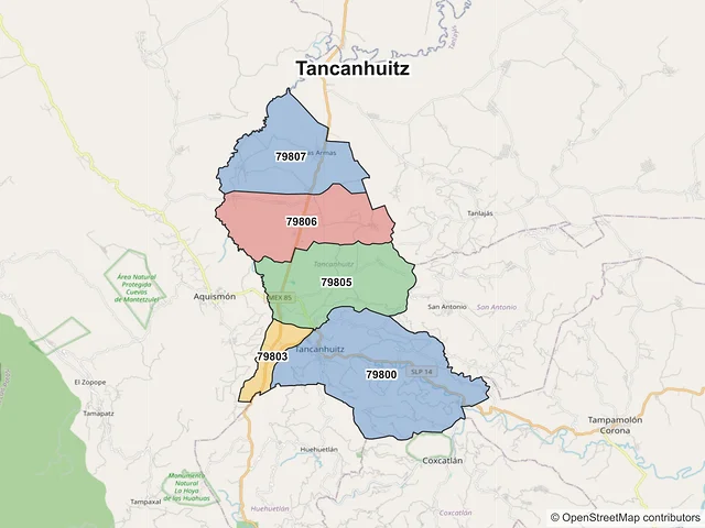 Mapa de códigos postales de Tancanhuitz, San Luis Potosí