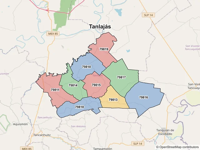 Mapa de códigos postales de Tanlajás, San Luis Potosí
