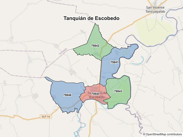 Mapa de códigos postales de Tanquián de Escobedo, San Luis Potosí