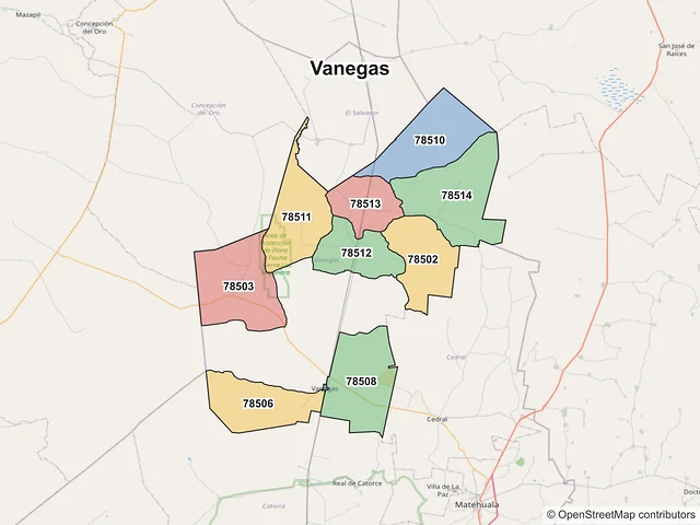 Mapa de códigos postales de Vanegas, San Luis Potosí