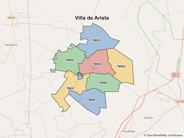 Mapa de códigos postales de Villa de Arista, San Luis Potosí