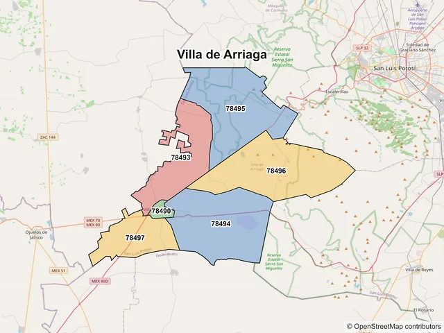 Mapa de códigos postales de Villa de Arriaga, San Luis Potosí