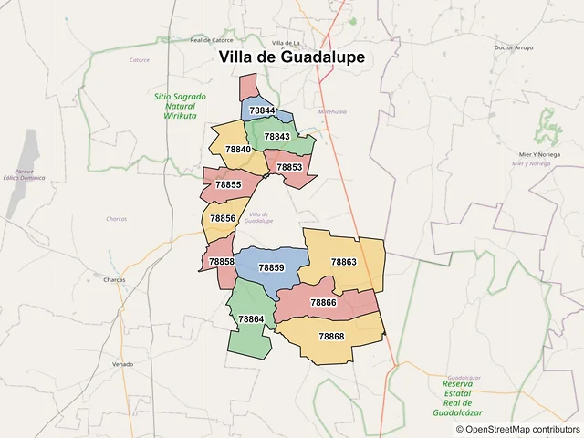 Mapa de códigos postales de Villa de Guadalupe, San Luis Potosí