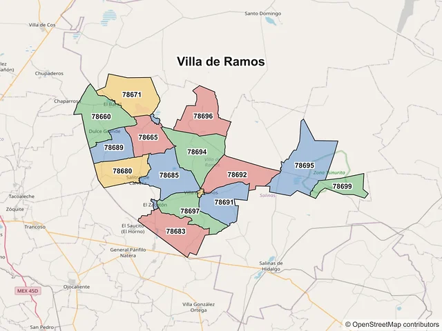 Mapa de códigos postales de Villa de Ramos, San Luis Potosí