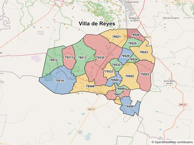 Mapa de códigos postales de Villa de Reyes, San Luis Potosí