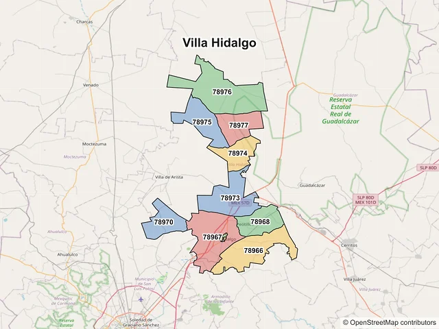 Mapa de códigos postales de Villa Hidalgo, San Luis Potosí
