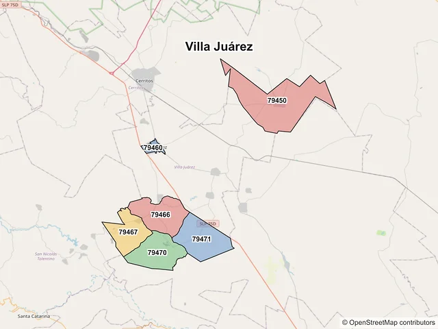 Mapa de códigos postales de Villa Juárez, San Luis Potosí