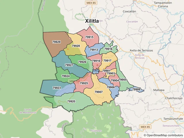 Mapa de códigos postales de Xilitla, San Luis Potosí