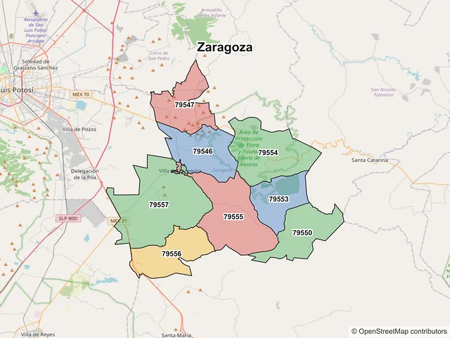 Mapa de códigos postales de Zaragoza, San Luis Potosí