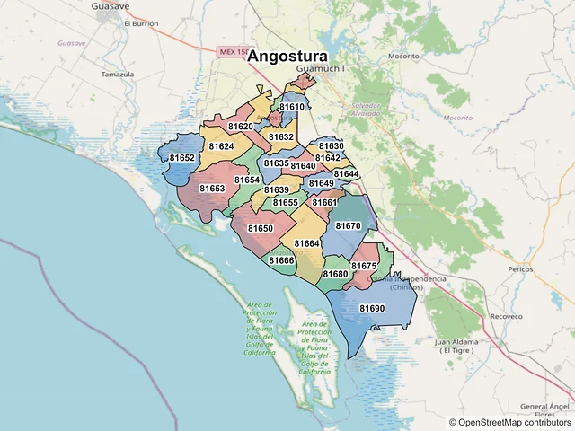 Mapa de códigos postales de Angostura, Sinaloa
