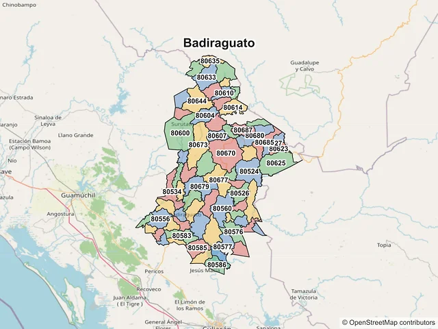 Mapa de códigos postales de Badiraguato, Sinaloa