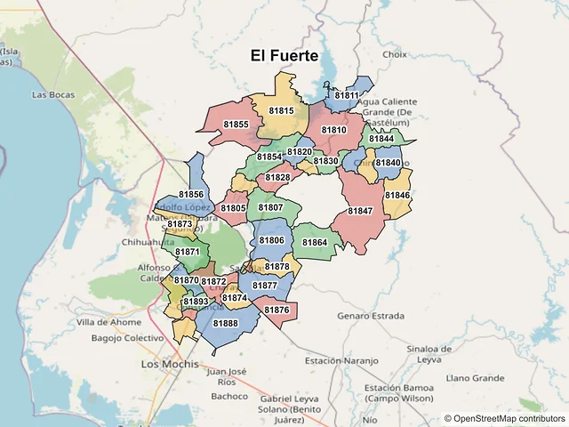 Mapa de códigos postales de El Fuerte, Sinaloa
