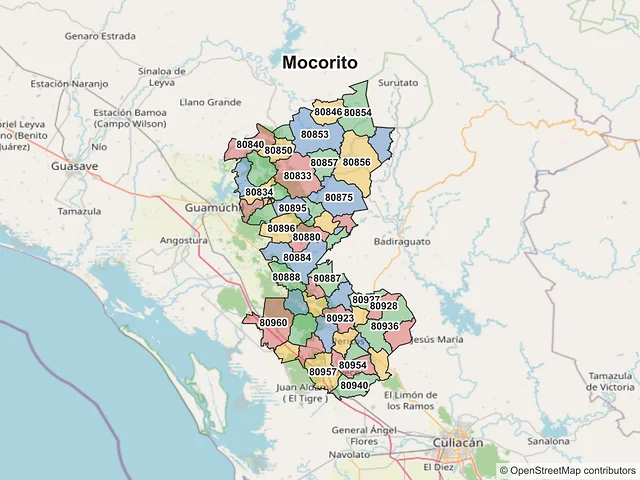 Mapa de códigos postales de Mocorito, Sinaloa