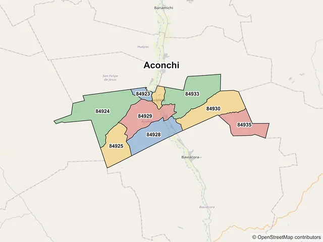 Mapa de códigos postales de Aconchi, Sonora