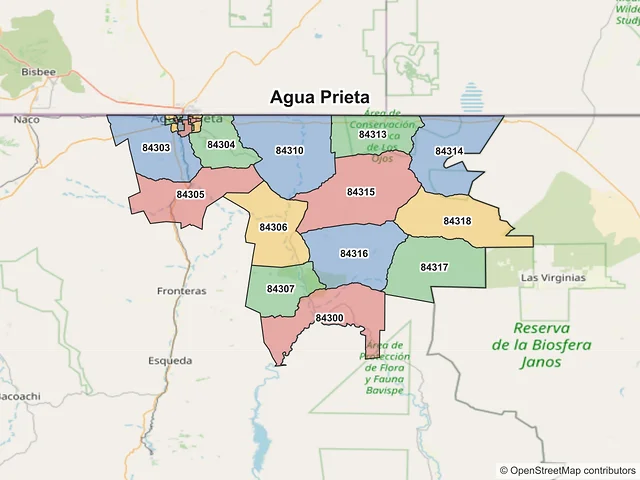 Mapa de códigos postales de Agua Prieta, Sonora