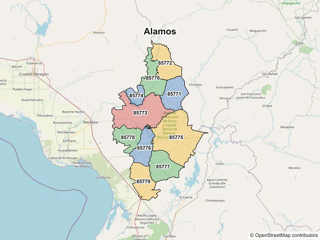 Mapa de códigos postales de Alamos, Sonora