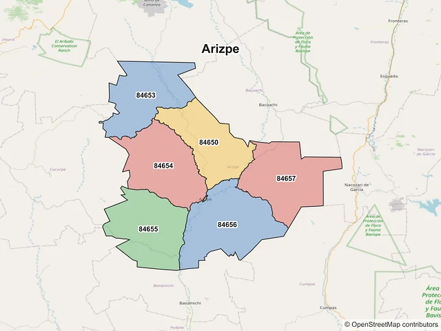 Mapa de códigos postales de Arizpe, Sonora