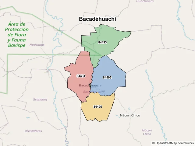 Mapa de códigos postales de Bacadéhuachi, Sonora