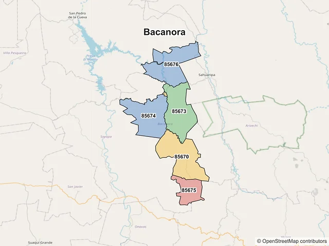 Mapa de códigos postales de Bacanora, Sonora