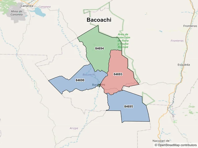 Mapa de códigos postales de Bacoachi, Sonora